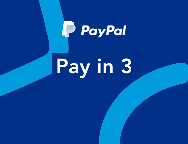 Pay Pal Pay in 3 logo on a blue, patterned background.