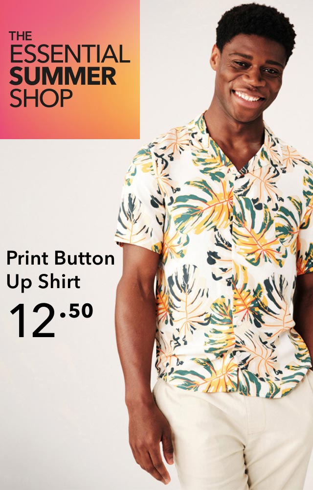 Essential summer shop. A man wearing a patterned shirt. Twelve pounds ...