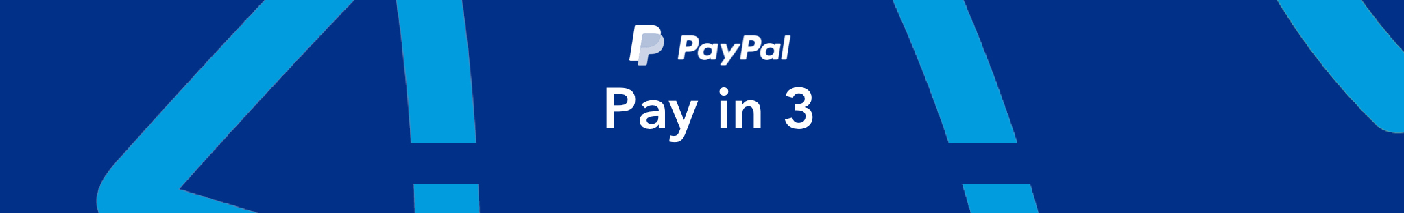 Pay Pal Pay in 3 logo on a blue, patterned background.
