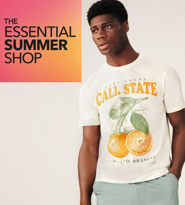 The essential summer shop. A man wearing a graphic print tee.